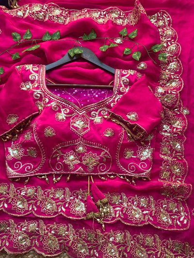 Hot Pink Gold Embroidered Ready to Wear Saree with Stitched Blouse - BONYHUBSAREE