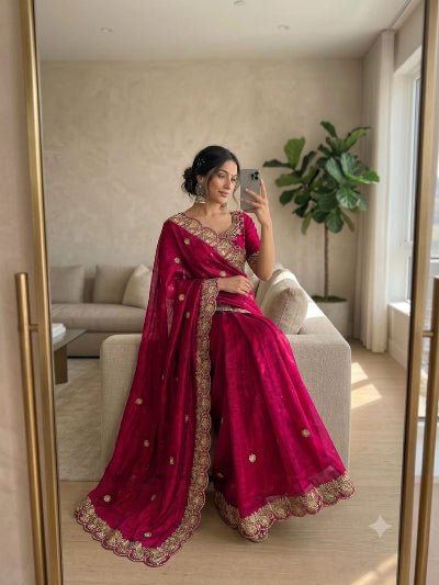 Hot Pink Gold Embroidered Ready to Wear Saree with Stitched Blouse - BONYHUBSAREE
