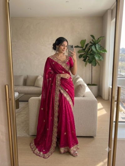 Hot Pink Gold Embroidered Ready to Wear Saree with Stitched Blouse - BONYHUBSAREE