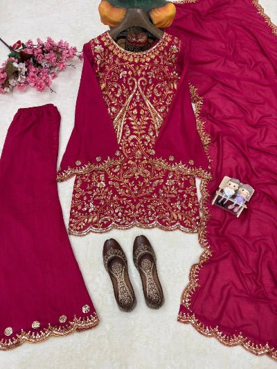 Hot Pink Gold Embroidered Zari Work Bell Palazzo Suit Set - BONYHUBSALWAR KAMEEZ