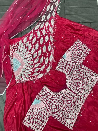 Hot Pink Partywear Ready to Wear Drape Lehenga Saree - BONYHUBSAREE