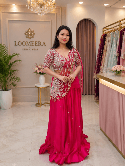 Hot Pink Partywear Ready to Wear Drape Lehenga Saree - BONYHUBSAREE