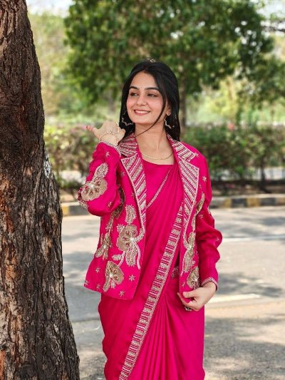 Hot Pink Ready to Wear Saree with Embroidered Jacket - BONYHUBSAREE