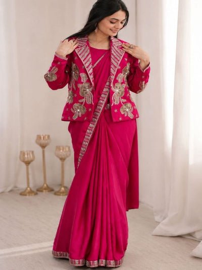 Hot Pink Ready to Wear Saree with Embroidered Jacket - BONYHUBSAREE