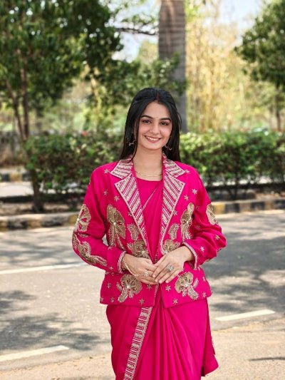 Hot Pink Ready to Wear Saree with Embroidered Jacket - BONYHUBSAREE