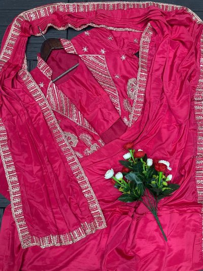 Hot Pink Ready to Wear Saree with Embroidered Jacket - BONYHUBSAREE