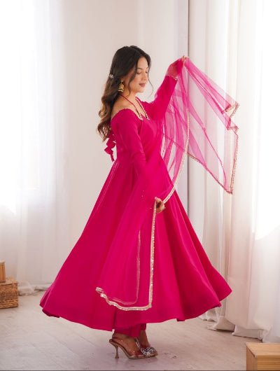Hot Pink Roman Silk Chanderi Anarkali Suit Set - BONYHUBSALWAR KAMEEZ