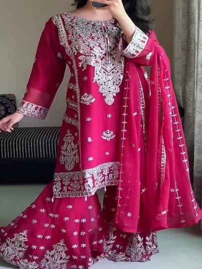 Hot Pink Sequin Embroidery Georgette Sharara Set - BONYHUBSALWAR KAMEEZ