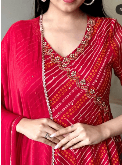 Hot Red Bandhani Cotton Anarkali Suit (Set of 3) - BONYHUBSALWAR KAMEEZ