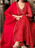Hot Red Bandhani Cotton Anarkali Suit (Set of 3) - BONYHUBSALWAR KAMEEZ