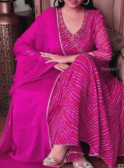 Hot Red Bandhani Cotton Anarkali Suit (Set of 3) - BONYHUBSALWAR KAMEEZ