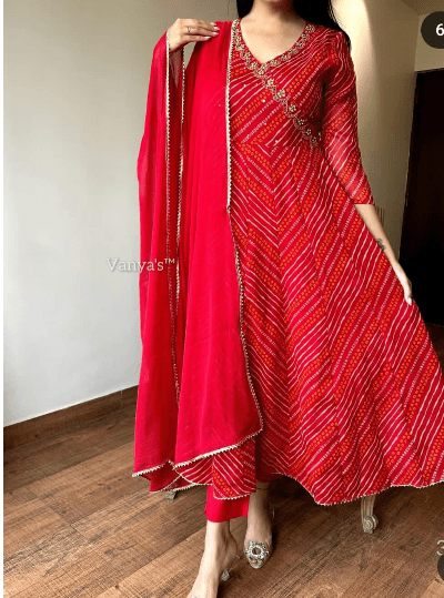 Hot Red Bandhani Cotton Anarkali Suit (Set of 3) - BONYHUBSALWAR KAMEEZ