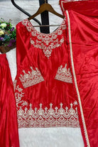 Hot Red Chinon Silk Embroidery Sharara Palazzo Suit Set - BONYHUBSALWAR KAMEEZ