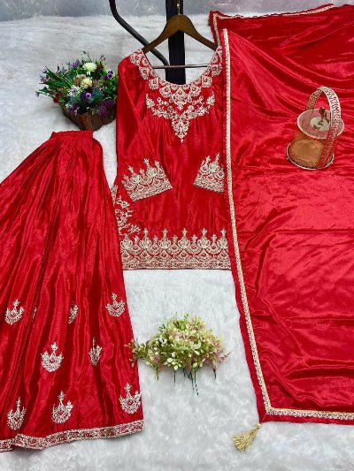 Hot Red Chinon Silk Embroidery Sharara Palazzo Suit Set - BONYHUBSALWAR KAMEEZ