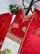 Hot Red Chinon Silk Embroidery Sharara Palazzo Suit Set - BONYHUBSALWAR KAMEEZ