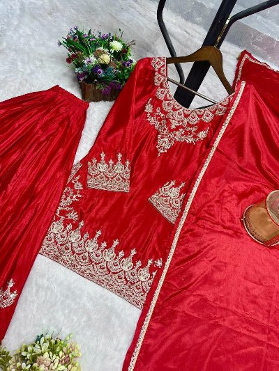 Hot Red Chinon Silk Embroidery Sharara Palazzo Suit Set - BONYHUBSALWAR KAMEEZ