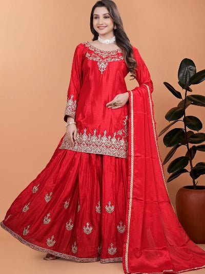Hot Red Chinon Silk Embroidery Sharara Palazzo Suit Set - BONYHUBSALWAR KAMEEZ