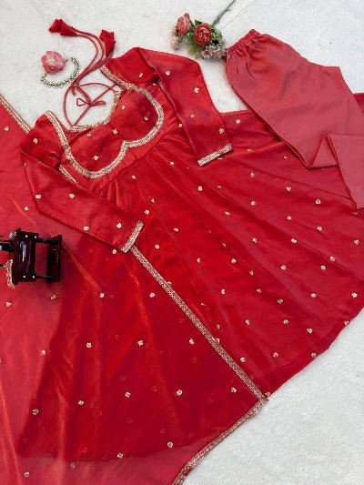 Hot Red Silk Sequin Detailing Anarkali Suit - BONYHUBSALWAR KAMEEZ