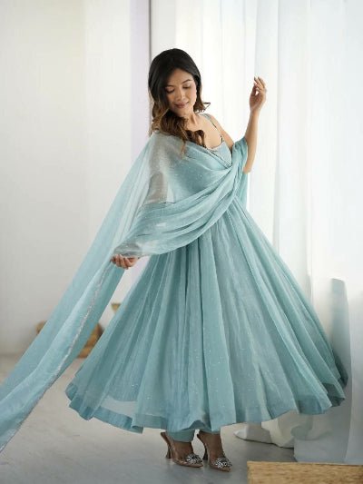 Ice Blue Crunch Silk Sleeveless Anarkali Suit Set - BONYHUBSALWAR KAMEEZ