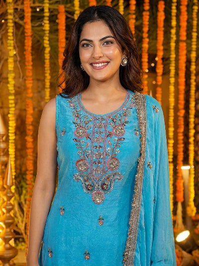 Ice Blue Embroidery Sleeveless Work Palazzo Suit - BONYHUBSALWAR KAMEEZ