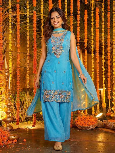 Ice Blue Embroidery Sleeveless Work Palazzo Suit - BONYHUBSALWAR KAMEEZ