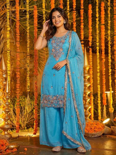 Ice Blue Embroidery Sleeveless Work Palazzo Suit - BONYHUBSALWAR KAMEEZ