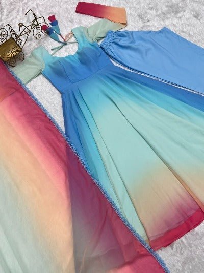 Blue Tone Multicolour Soft Georgette Anarkali Flared Salwar Suit Set - BONYHUBSALWAR KAMEEZ