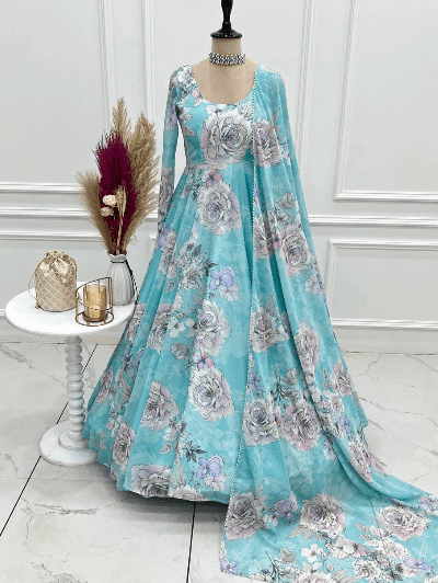 Ice Blue Organza Silk Anarkali Gown with Dupatta (2 Pcs) UK Next Day - BONYHUBSALWAR KAMEEZ