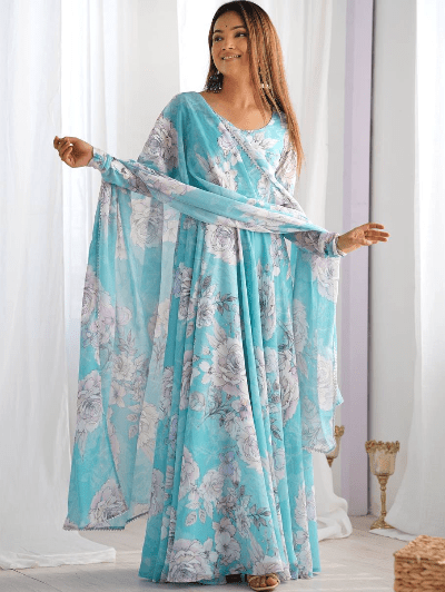 Ice Blue Organza Silk Anarkali Gown with Dupatta (2 Pcs) UK Next Day - BONYHUBSALWAR KAMEEZ