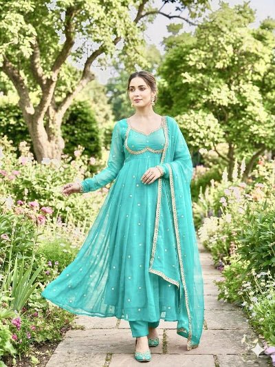 Ice Blue Partywear Gold Embroidery Anarkali Suit Set - BONYHUBSALWAR KAMEEZ