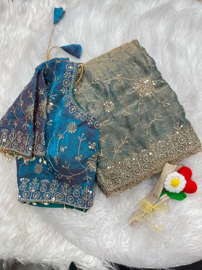 Ice Blue Pre-Stitched Ready to Wear Saree with Free Embroidered Stitched Blouse - BONYHUBSAREE