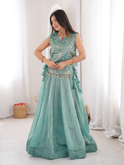 Ice Blue Ready To Wear Jacket Style Lehenga Wedding Wear UK - BONYHUBSALWAR KAMEEZ