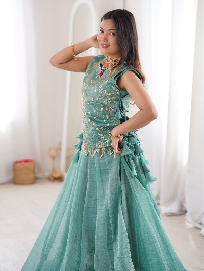 Ice Blue Ready To Wear Jacket Style Lehenga Wedding Wear UK - BONYHUBSALWAR KAMEEZ