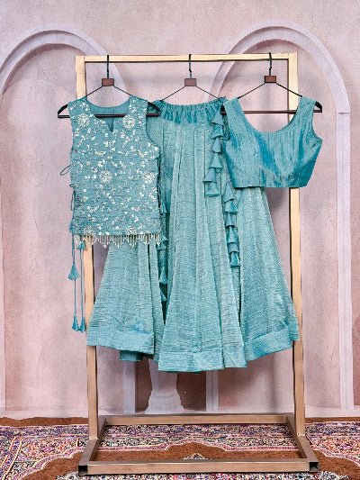 Ice Blue Ready To Wear Jacket Style Lehenga Wedding Wear UK - BONYHUBSALWAR KAMEEZ