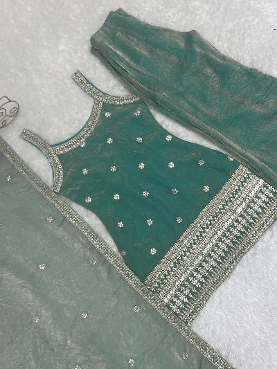 Ice Blue Silk Sleeveless Kurta Bell Bottom Pant &amp; Dupatta - BONYHUBSALWAR KAMEEZ