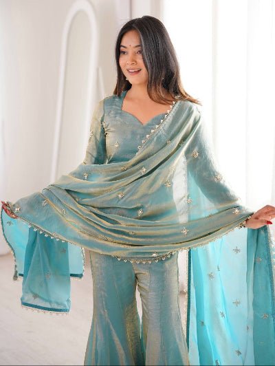 Ice Blue Simar Silk Embroidered Gharara Suit - BONYHUBSALWAR KAMEEZ