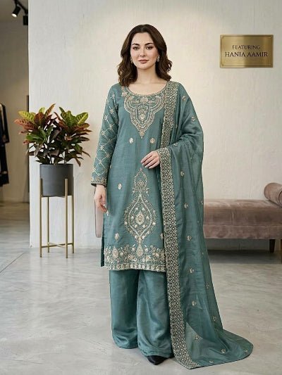 Ice Blue Tissue Silk Embroidery Beads Work Palazzo Suit - BONYHUBSALWAR KAMEEZ