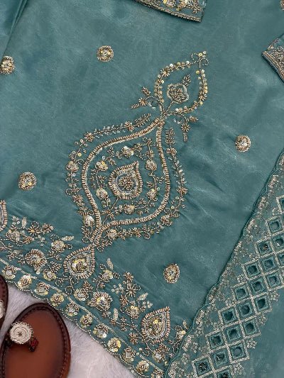 Ice Blue Tissue Silk Embroidery Beads Work Palazzo Suit - BONYHUBSALWAR KAMEEZ