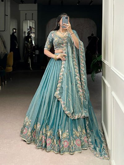 Ice Blue Zari Shimmer Sequin Embroidered Lehenga Choli Set - BONYHUBSALWAR KAMEEZ