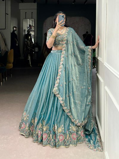 Ice Blue Zari Shimmer Sequin Embroidered Lehenga Choli Set - BONYHUBSALWAR KAMEEZ