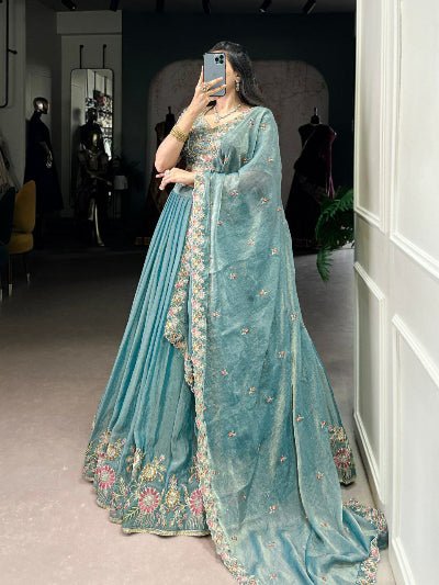 Ice Blue Zari Shimmer Sequin Embroidered Lehenga Choli Set - BONYHUBSALWAR KAMEEZ