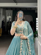 Ice Blue Zari Shimmer Sequin Embroidered Lehenga Choli Set - BONYHUBSALWAR KAMEEZ