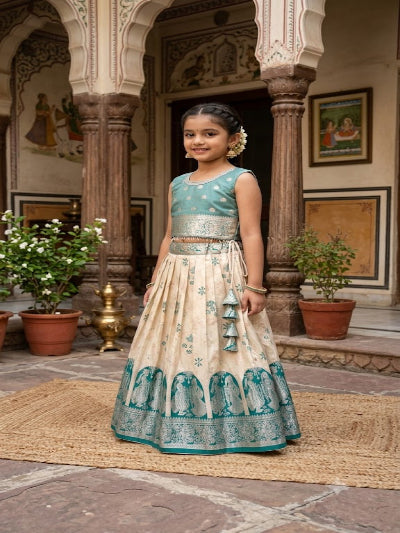 Kids Teal Cream Banarasi Lehenga Choli | Traditional Festive Outfit