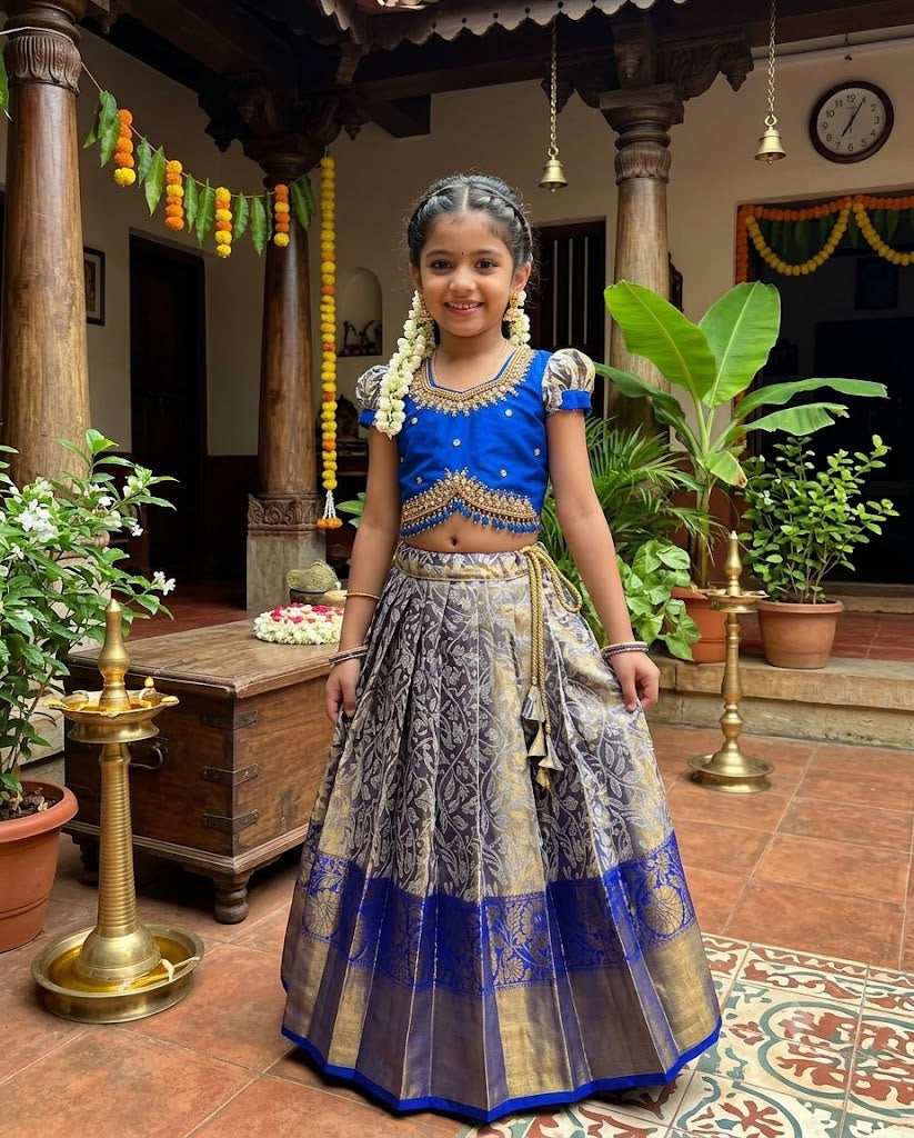 Kids Blue Gold Banarasi Lehenga Choli | Traditional Festive Outfit