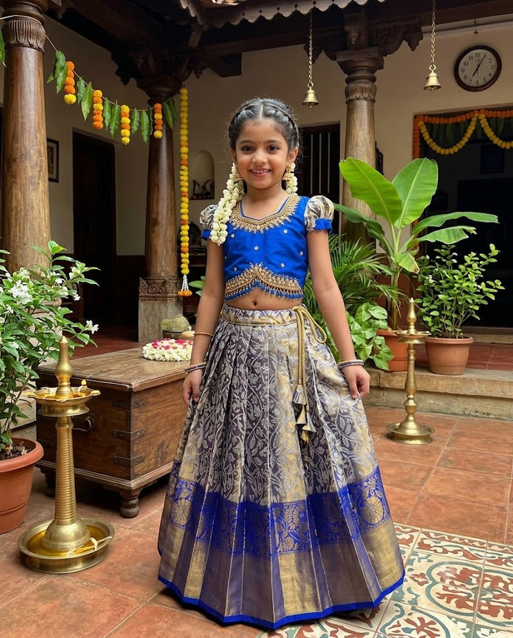 Kids Blue Gold Banarasi Lehenga Choli | Traditional Festive Outfit