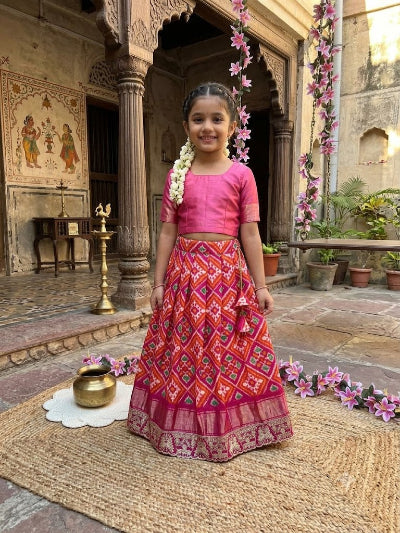 Kids Pink Patola Print Lehenga Choli | Traditional Festive Outfit