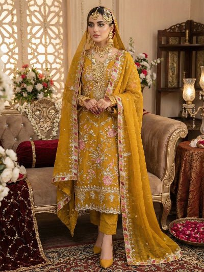 Inaaya Mustard Yellow Embroidery Straight Suit UK Next Day - BONYHUBSALWAR KAMEEZ