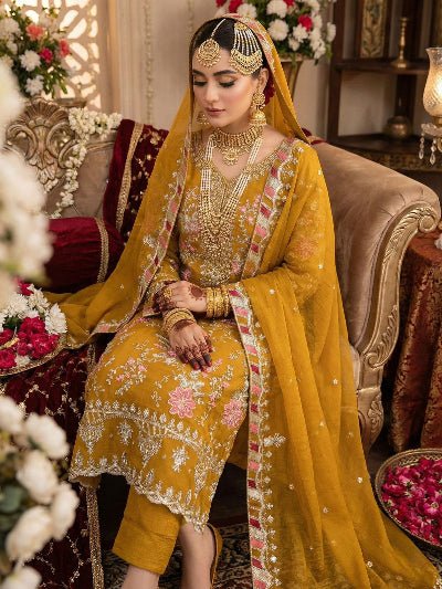 Inaaya Mustard Yellow Embroidery Straight Suit UK Next Day - BONYHUBSALWAR KAMEEZ