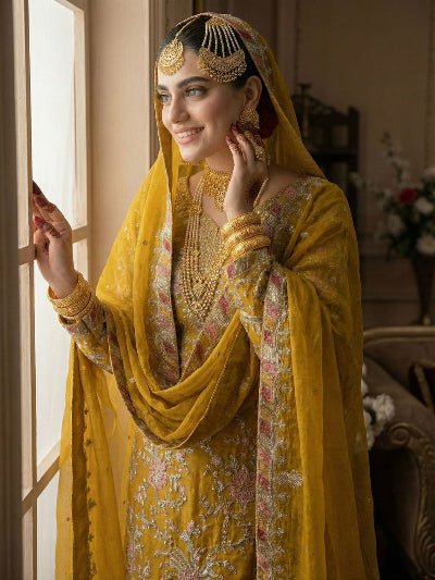 Inaaya Mustard Yellow Embroidery Straight Suit UK Next Day - BONYHUBSALWAR KAMEEZ
