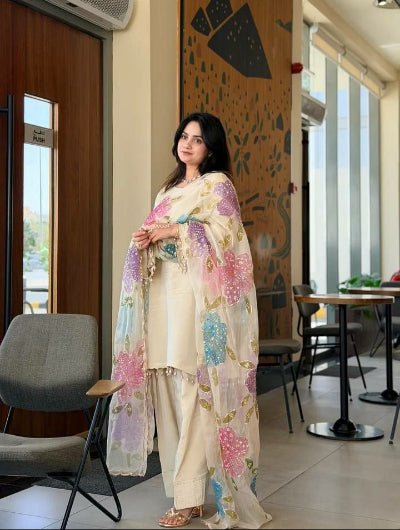 Ivory Cream Crepe Farshi Suit Set with Floral Organza Dupatta - BONYHUBSALWAR KAMEEZ